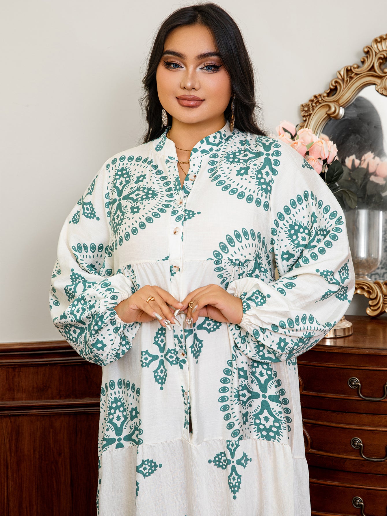 Elegant Floral Print Jalabiya Dress for Women - Pink with Floral Accents, Long Sleeve, Flowy Hem, Perfect for Spring/Summer, Traditional Middle Eastern Attire, Elegant Event Wear | Floral Print Dress | Intricate Details