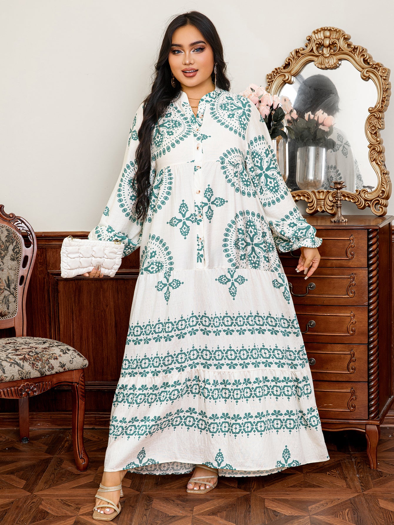 Elegant Floral Print Jalabiya Dress for Women - Pink with Floral Accents, Long Sleeve, Flowy Hem, Perfect for Spring/Summer, Traditional Middle Eastern Attire, Elegant Event Wear | Floral Print Dress | Intricate Details